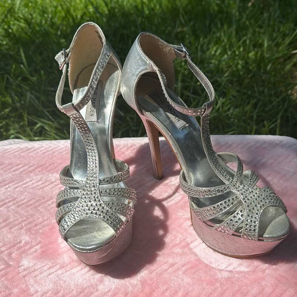 Steve Madden heels, silver with rhinestones, size 7.5 M